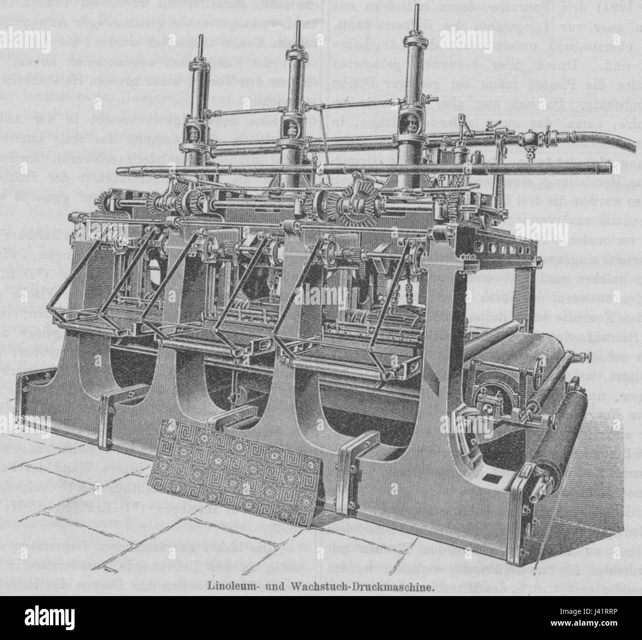 The Linoleum and Waxcloth printing machine by Thomas Dale, located in Kirkcaldy, Scotland, represents an important development in industrial printing, particularly in the production of floor coverings and fabrics. Stock Photo