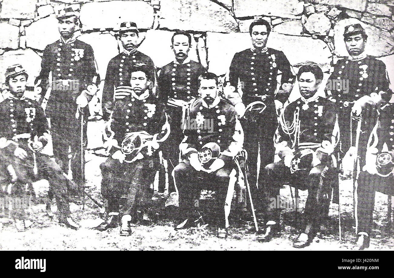 This historical image from 1877 shows soldiers from Kumamoto, Japan, during the late 19th century. These soldiers were part of military units involved in regional conflicts and played roles in Japan's modernization efforts during the Meiji era. Stock Photo
