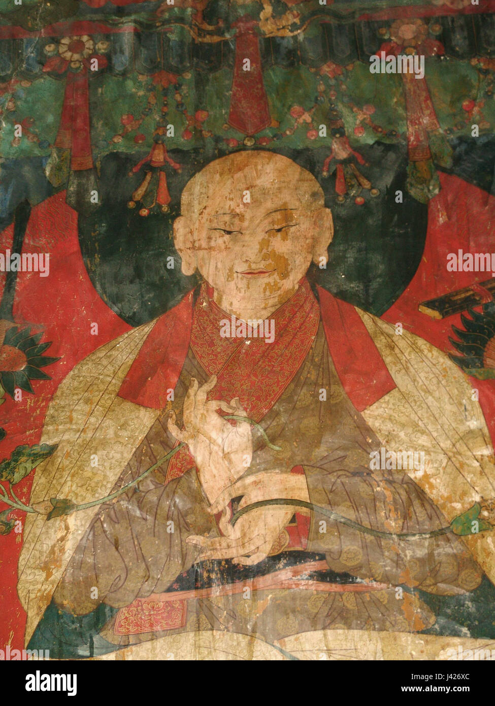 Kyentse Wangchug. Detail from the portrait of Sachenkung Nyingpo in the right wall of the Tsang khang, Gongkar Chode, ca. 1464 1475. Stock Photo