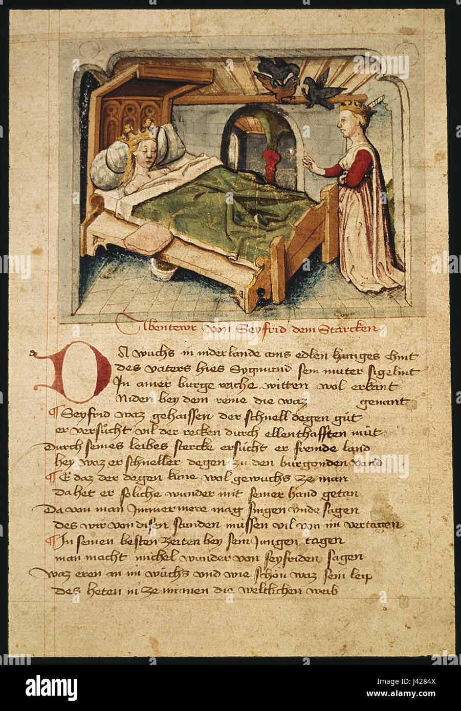 Kriemhilds Traum vom Falken Am Fussende des Bettes steht Kriemhilds Mutter Ute Hundeshagenscher Kodex Stock Photo