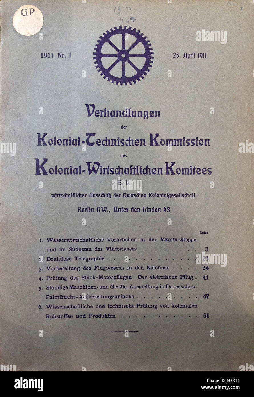 Kolonialtechnische Kommission   Sitzungsheft 1.1911 Stock Photo