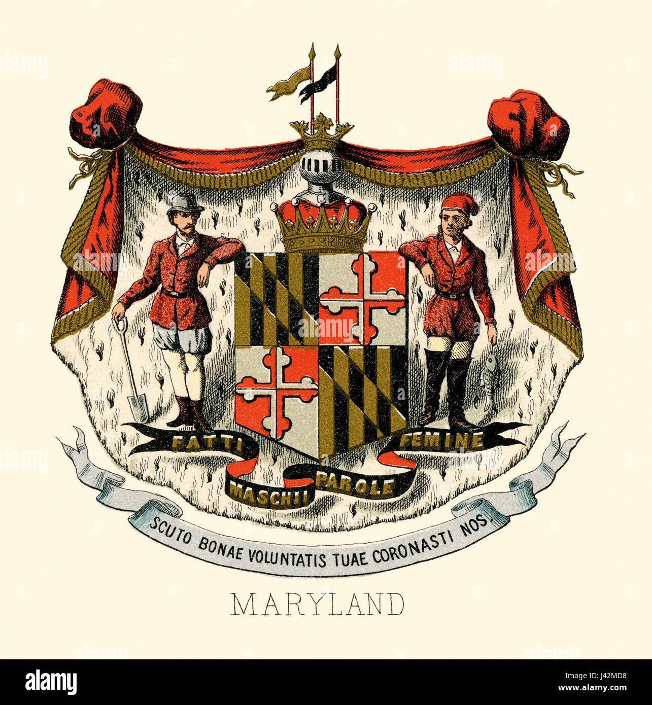 The Maryland state coat of arms, illustrated in 1876, represents the ...