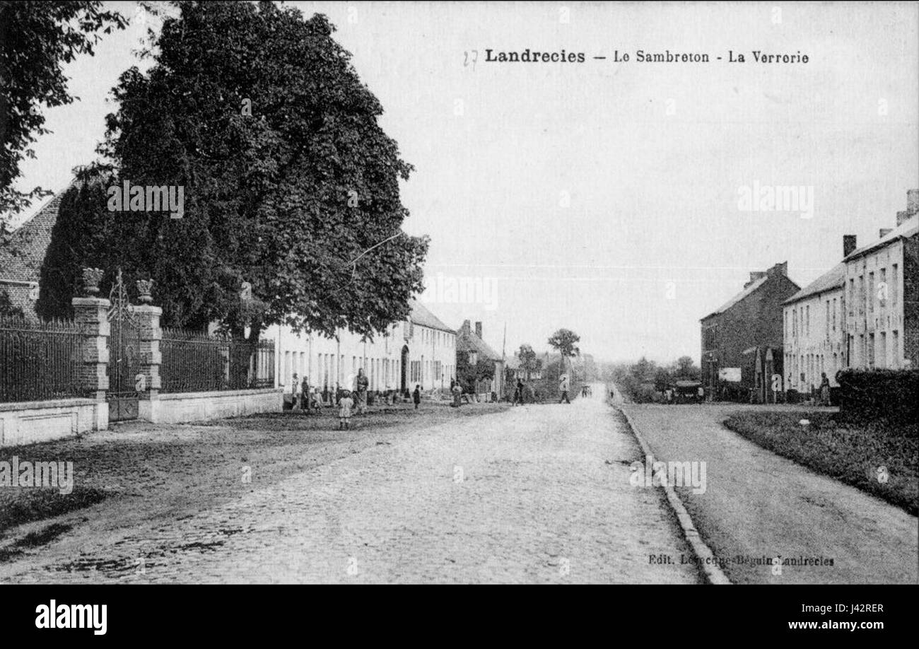 This image refers to the town of Landrecies in France, specifically the Sambreton district, known for its historical glassworks, La Verrerie, representing industrial and regional history. Stock Photo