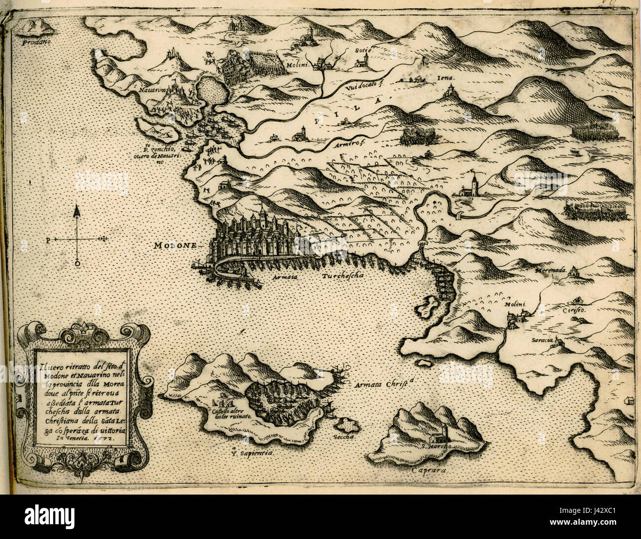 Map of Methoni, showing the place of the Venetian and Ottoman fleet during the Battle of Lepanto (1571)   Camocio Giovanni Francesco   1574 Stock Photo