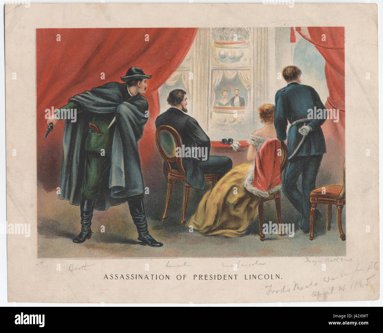 This image depicts the assassination of President Abraham Lincoln, an ...
