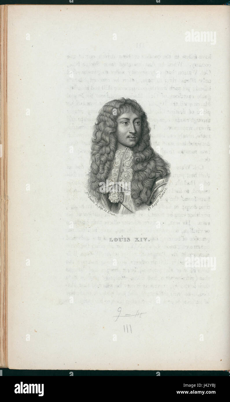 A portrait of Louis XIV, the Sun King, held in the New York Public Library's collection. The image shows his regal attire, reflecting his reign and the opulence of the French court in the 17th century. Stock Photo