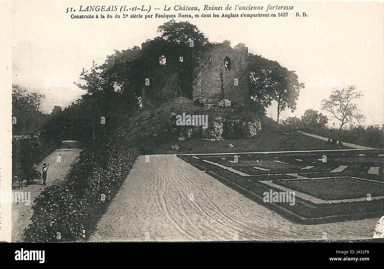 A postcard from Langeais, France, showing a scene from the town. Langeais is known for its rich history, particularly the medieval castle that stands as a prominent landmark. Stock Photo