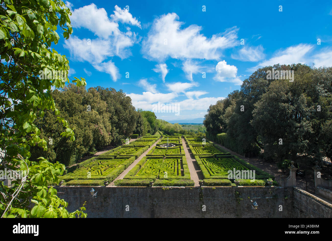 Vignanello, Italy - The Ruspoli Castle in the historic center of the little medieval town in Tuscia. This noble residence has an awesome garden Stock Photo