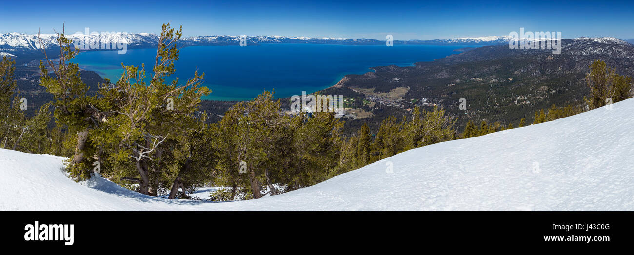 Lake Tahoe Panoramic Overlook in Winter from Heavenly Ski Area at the top of the Gondola Ride.   View overlooks Lake Tahoe. Stock Photo