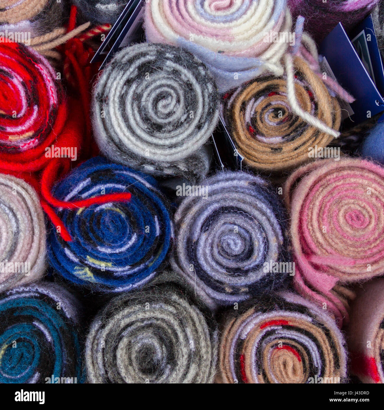 Top view of colorful Tartan Fabric rolls in a shop in Edinburgh, Scotland Stock Photo