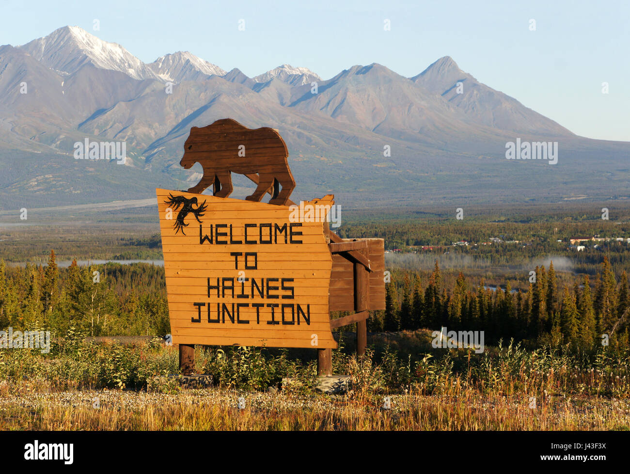 Welcome roadsign to town Haines Junction, Yukon Territory  Canada Stock Photo