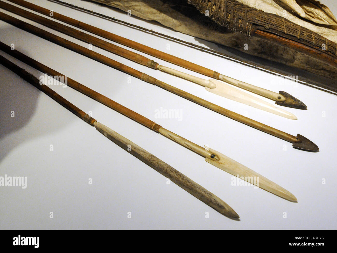 Eskimo peoples. Inuit. Seals hunting with kayaks in the open seas around Greenland. Spears. Exhibition of clothing and Eskimo objects. Historical Museum. Oslo. Norway. Stock Photo