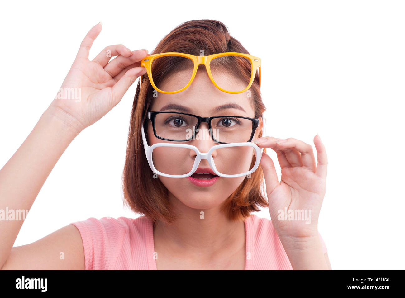 Closeup portrait of a young cheerful asian woman in glasses Stock Photo ...