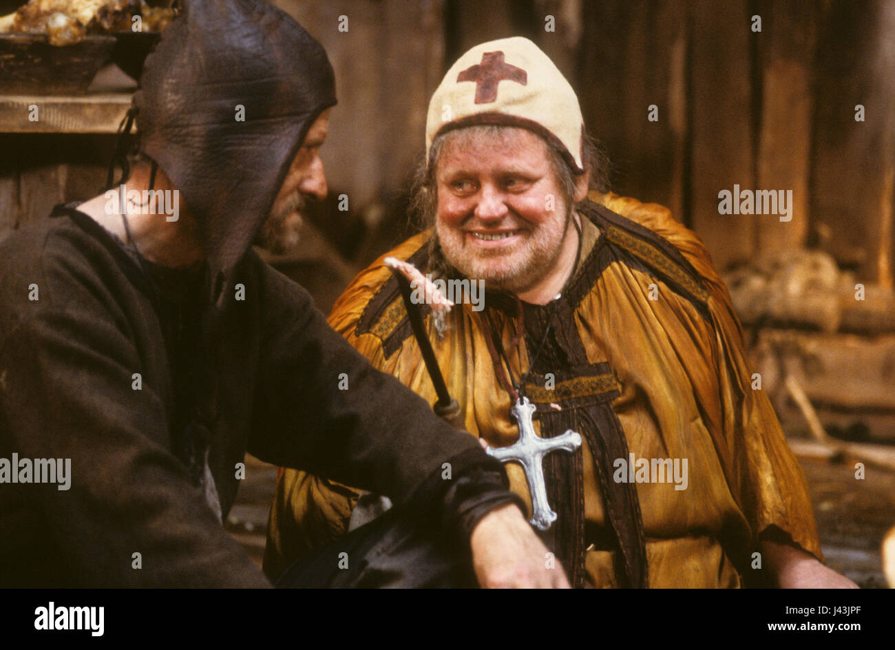 SUNE MANGS Swedish actor as Bishop Hordur during the recording of Hrafn Gunnlaugsson Icelandic Viking age history In the shadow of the Raven 1988 Stock Photo