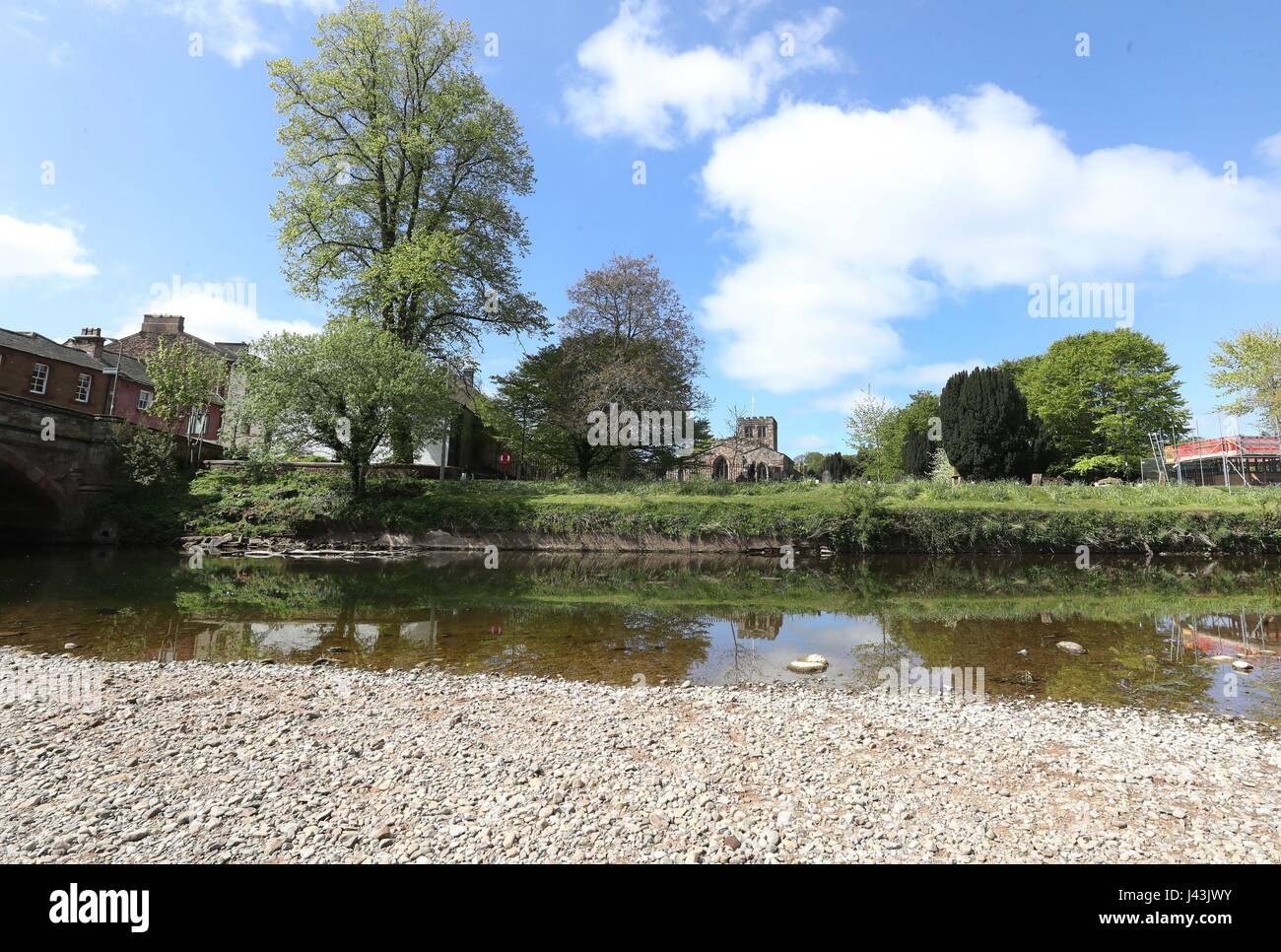 A general view of the River Eden in Cumbria displaying low water levels, as fears are growing for a summer drought following one of the driest winters in the past two decades. Stock Photo