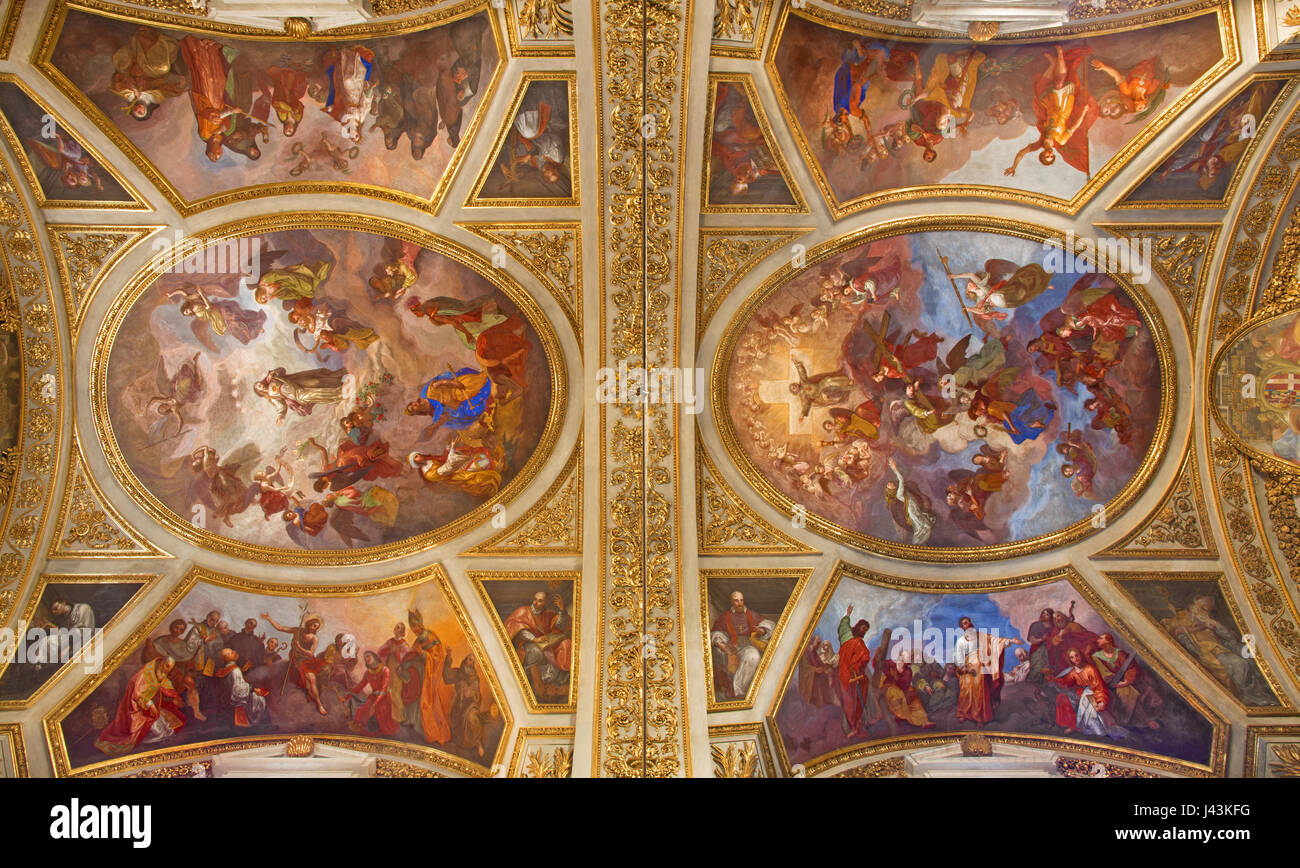 TURIN, ITALY - MARCH 14, 2017: The ceiling fresco of Virgin Mary and Jesus Christ in church Chiesa dei Santi Martiri by Pellegrino Tibaldi (1527 – 159 Stock Photo