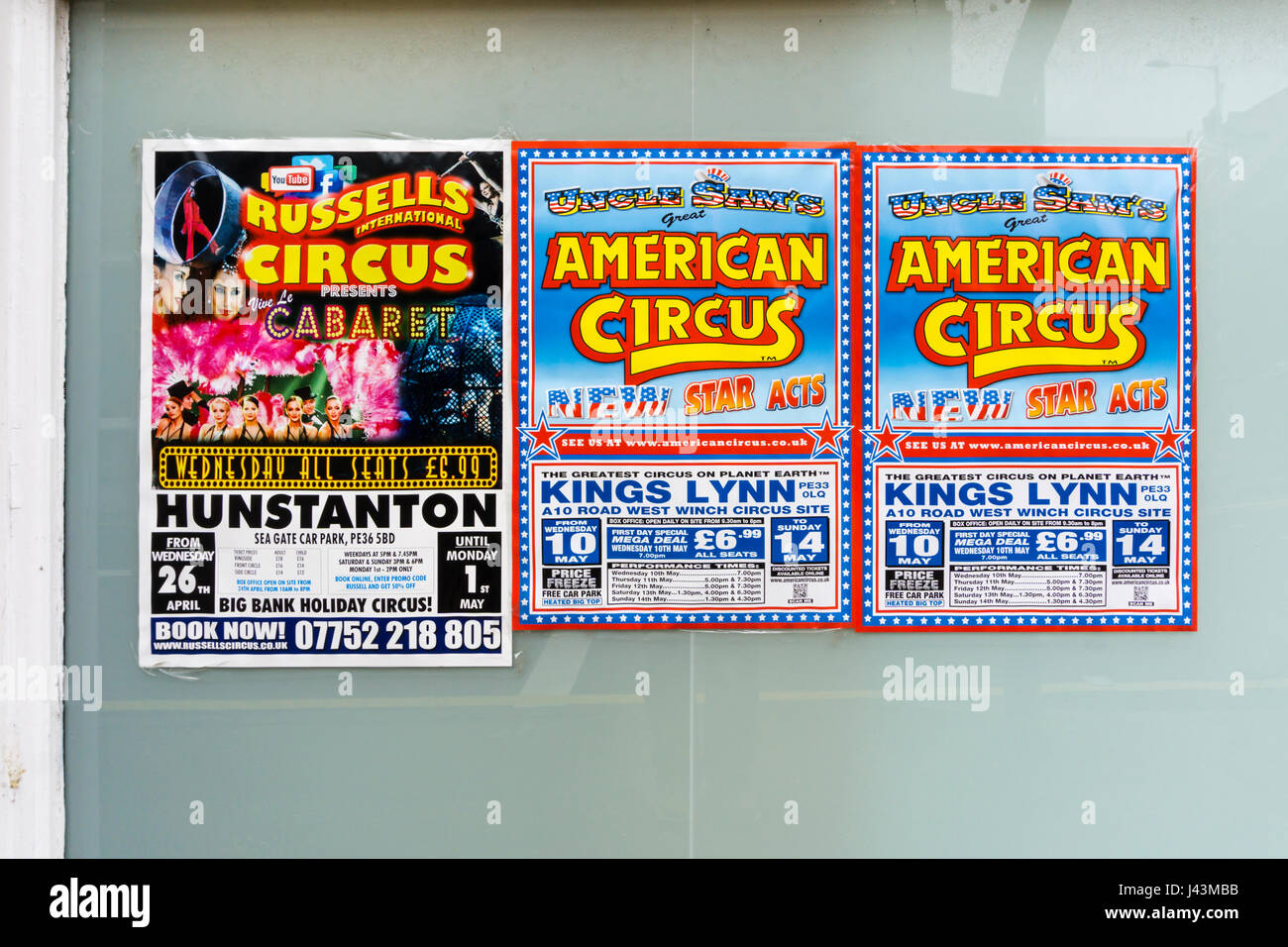 Posters advertising Russells International Circus and Uncle Sam's Great American Circus Stock Photo