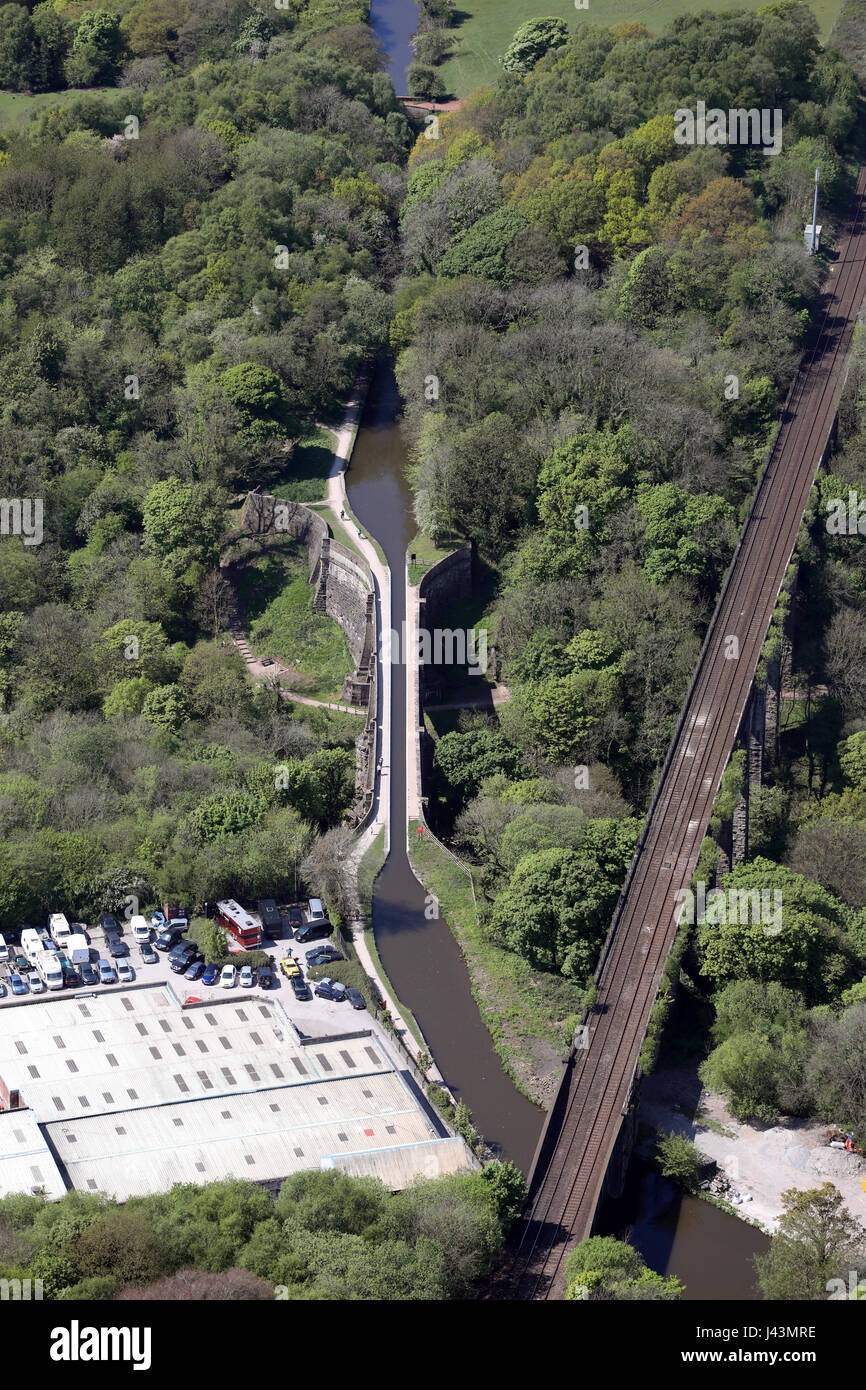aerial view of an aqueduct and railway bridge, Marple, Cheshire, UK Stock Photo
