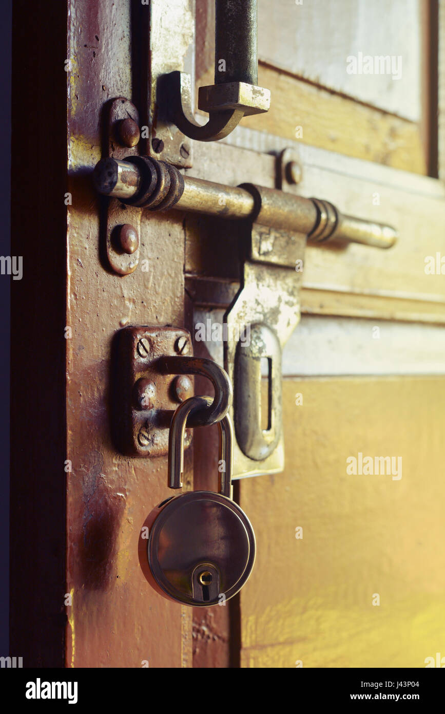 Vintage Door Lock On Wooden Door Close Up Stock Photo 140224676