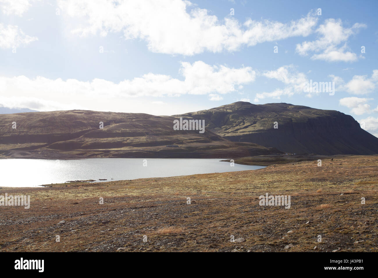Cold water in Iceland. Stream in rocky mountains and lake side. Fresh and green grass. Beautiful mountain range in the background. Stock Photo
