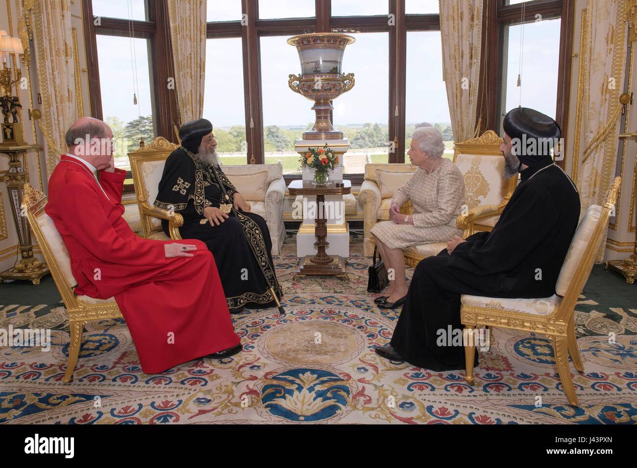 Queen Elizabeth II meets His Holiness Pope Tawadros II (second left), during a private audience at Windsor Castle, Berkshire. Stock Photo