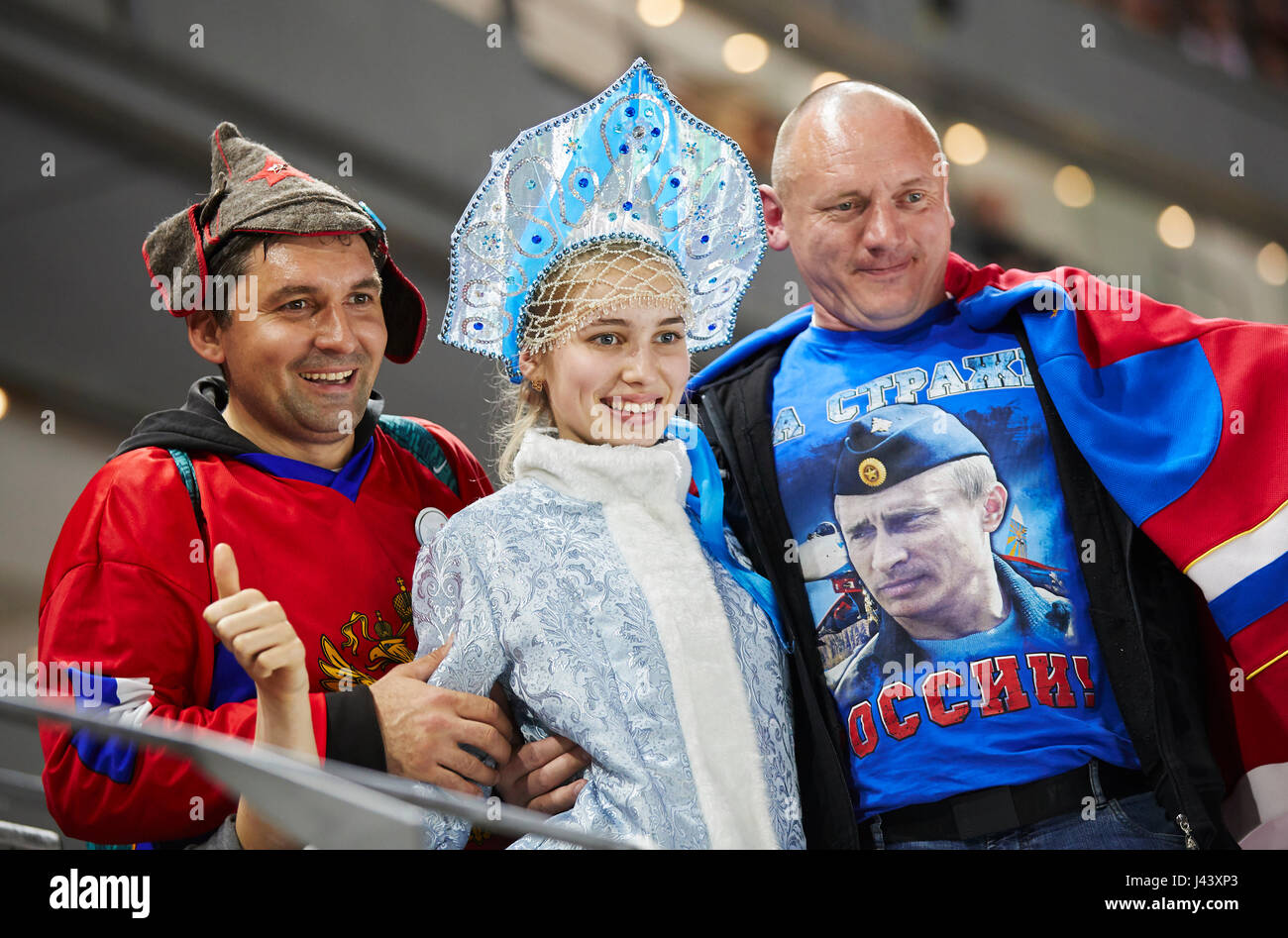 Fans with Vladimir Putin T-shirt, Russian woman in national costume, hockey fans, supporters, spectators, spectator, jacket, cowl, waistcoat, fancurve face painting, face painting, pretty,     USA - SWEDEN 4-3 Icehockey World Cup Championships 2017, Germany,  DEB , Cologne, Germany May 08, 2017 © Peter Schatz / Alamy Live News Stock Photo