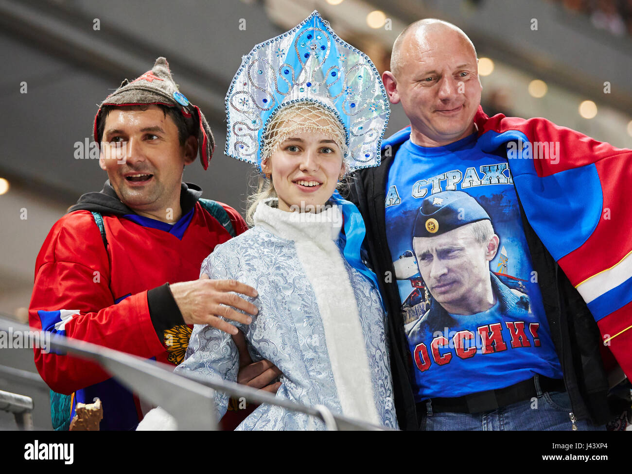 Fans with Vladimir Putin T-shirt, Russian woman in national costume, hockey fans, supporters, spectators, spectator, jacket, cowl, waistcoat, fancurve face painting, face painting, pretty,     USA - SWEDEN 4-3 Icehockey World Cup Championships 2017, Germany,  DEB , Cologne, Germany May 08, 2017 © Peter Schatz / Alamy Live News Stock Photo