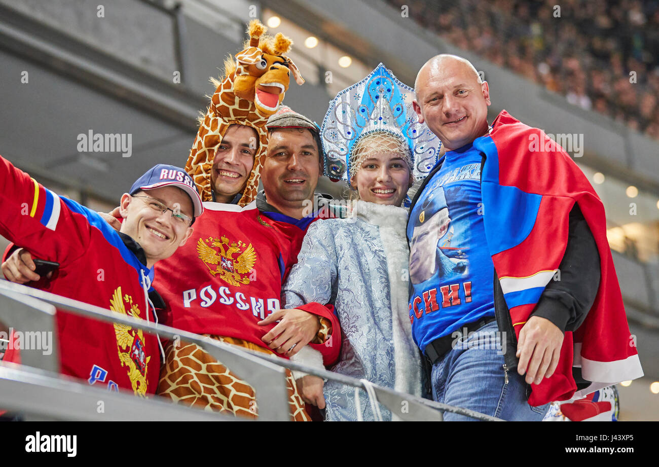 Fans with Vladimir Putin T-shirt, Russian woman in national costume, hockey fans, supporters, spectators, spectator, jacket, cowl, waistcoat, fancurve face painting, face painting, pretty,     Giraffe dress USA - SWEDEN 4-3 Icehockey World Cup Championships 2017, Germany,  DEB , Cologne, Germany May 08, 2017 © Peter Schatz / Alamy Live News Stock Photo