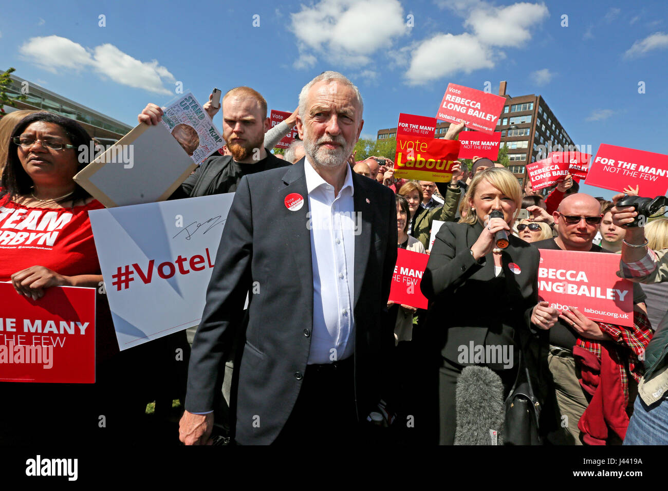 Salford, UK. 9th May, 2017. Rebecca Long Bailey introduces and welcomes the Labour Party leader, Jeremy Corbyn, the precinct, Salford, 5th May, 2017 Credit: Barbara Cook/Alamy Live News Stock Photo