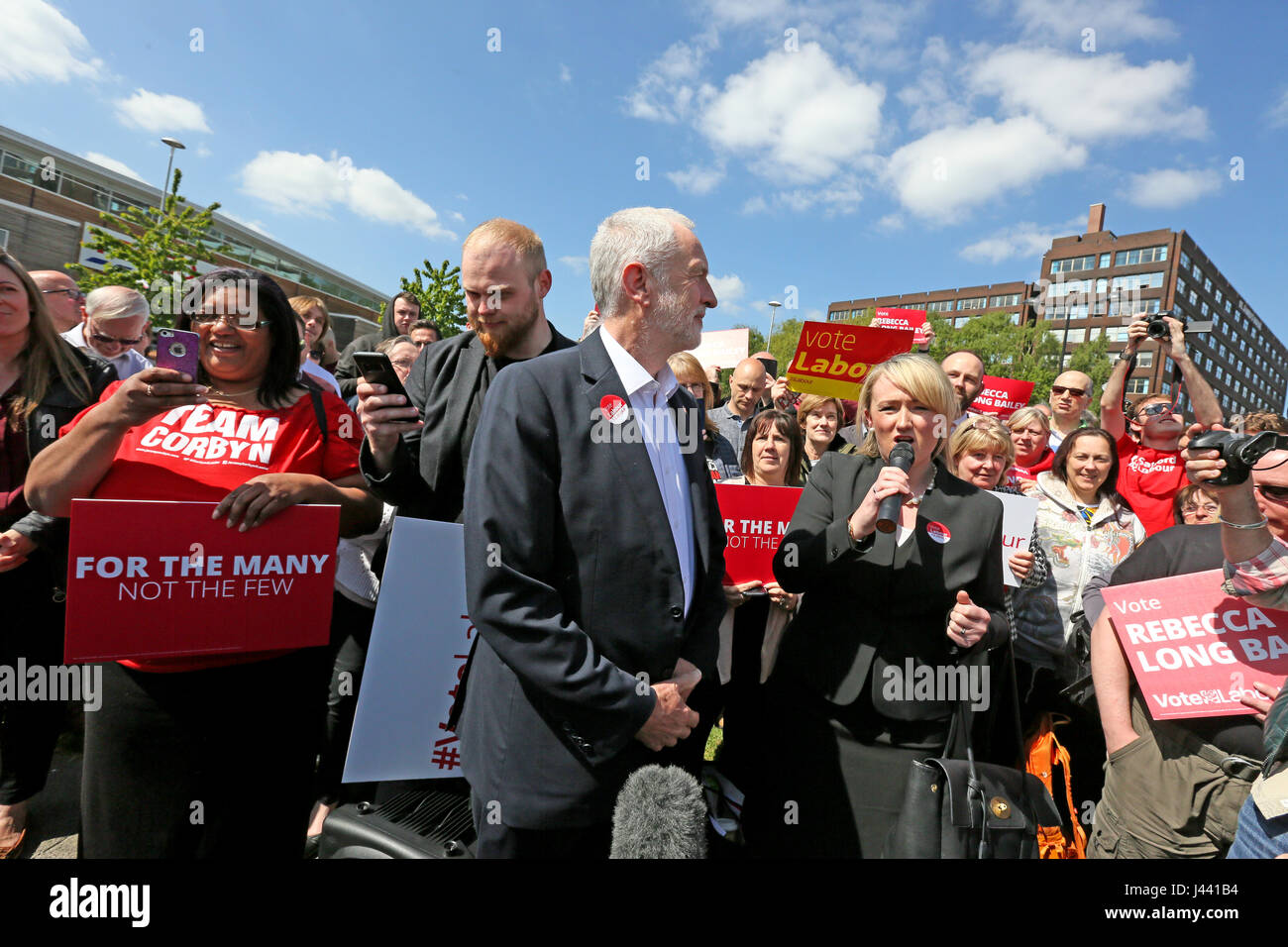 Salford, UK. 9th May, 2017. Rebecca Long Bailey who is standing in the local elections for labour, with Jeremy Corbyn at a rally in Salford, 5th May, 2017 Credit: Barbara Cook/Alamy Live News Stock Photo