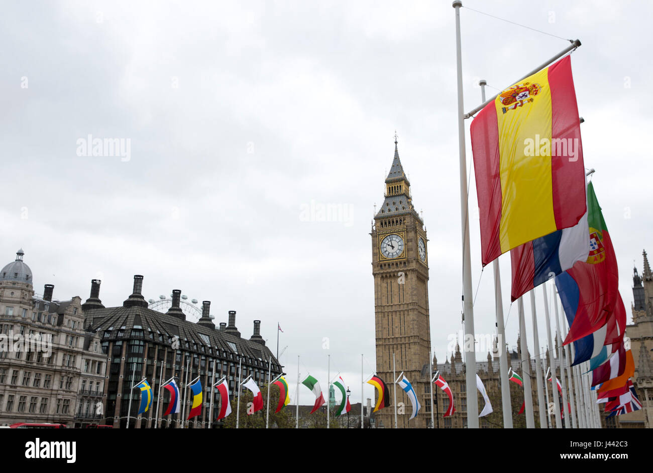 London, UK. 9th May, 2017. Flags for the 27 EU members states fly around Parliament Square, Westminster, London, on Europe Day, held on May 9 every year to celebrate peace and unity in Europe. It marks the anniversary of the historical 'Schuman declaration' which is considered to be the beginning of what is now the European Union Credit: Isabel Infantes/Alamy Live News Stock Photo