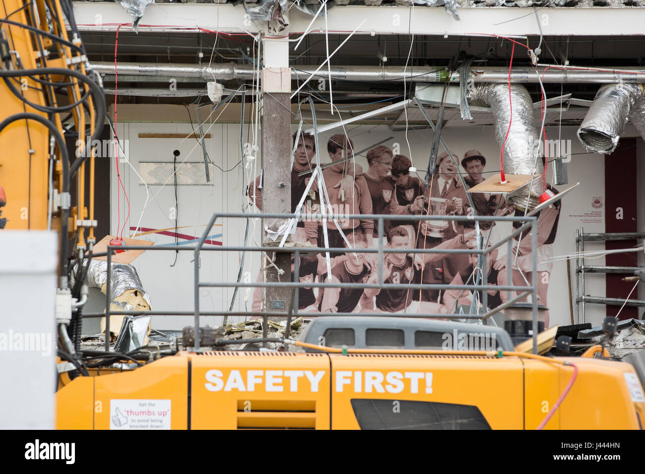 London, UK. 9th May, 2017. Demolition of the West Stand continues at the Boleyn Ground, West Ham United's former stadium in Upton Park. The Boleyn Ground is being demolished as part of preparations for Barratt's Upton Gardens development and the West Stand is the only remaining stand. Credit: Mark Kerrison/Alamy Live News Stock Photo