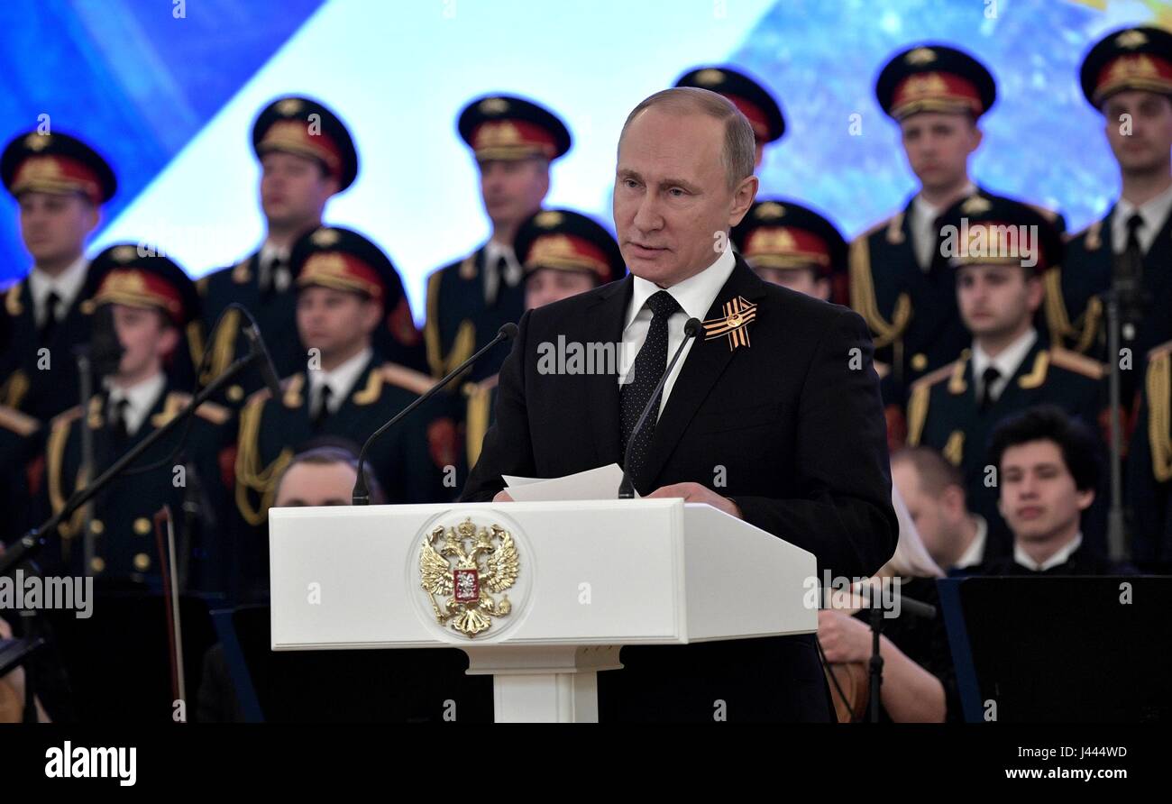 Moscow, Russia. 9th May, 2017. Russian President Vladimir Putin delivers remarks during a reception celebrating Victory Day marking the 72nd anniversary of the end of World War II in the Kremlin May 9, 2017 in Moscow, Russia. Credit: Planetpix/Alamy Live News Stock Photo