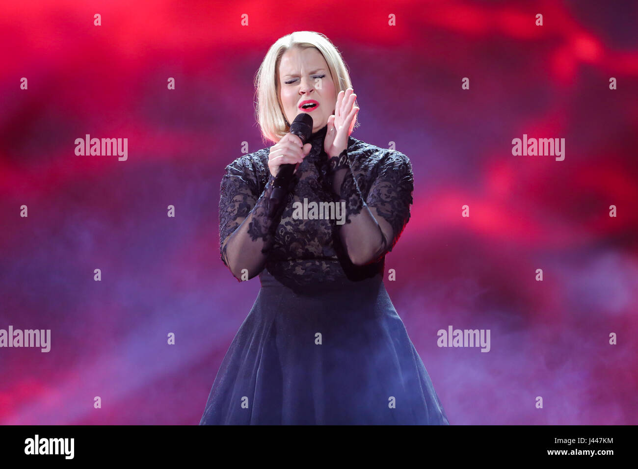 KYIV, UKRAINE - MAY 08, 2017:   Norma John from Finland at the first semi-final rehearsal during Eurovision Song Contest, in Kyiv, Ukraine Stock Photo
