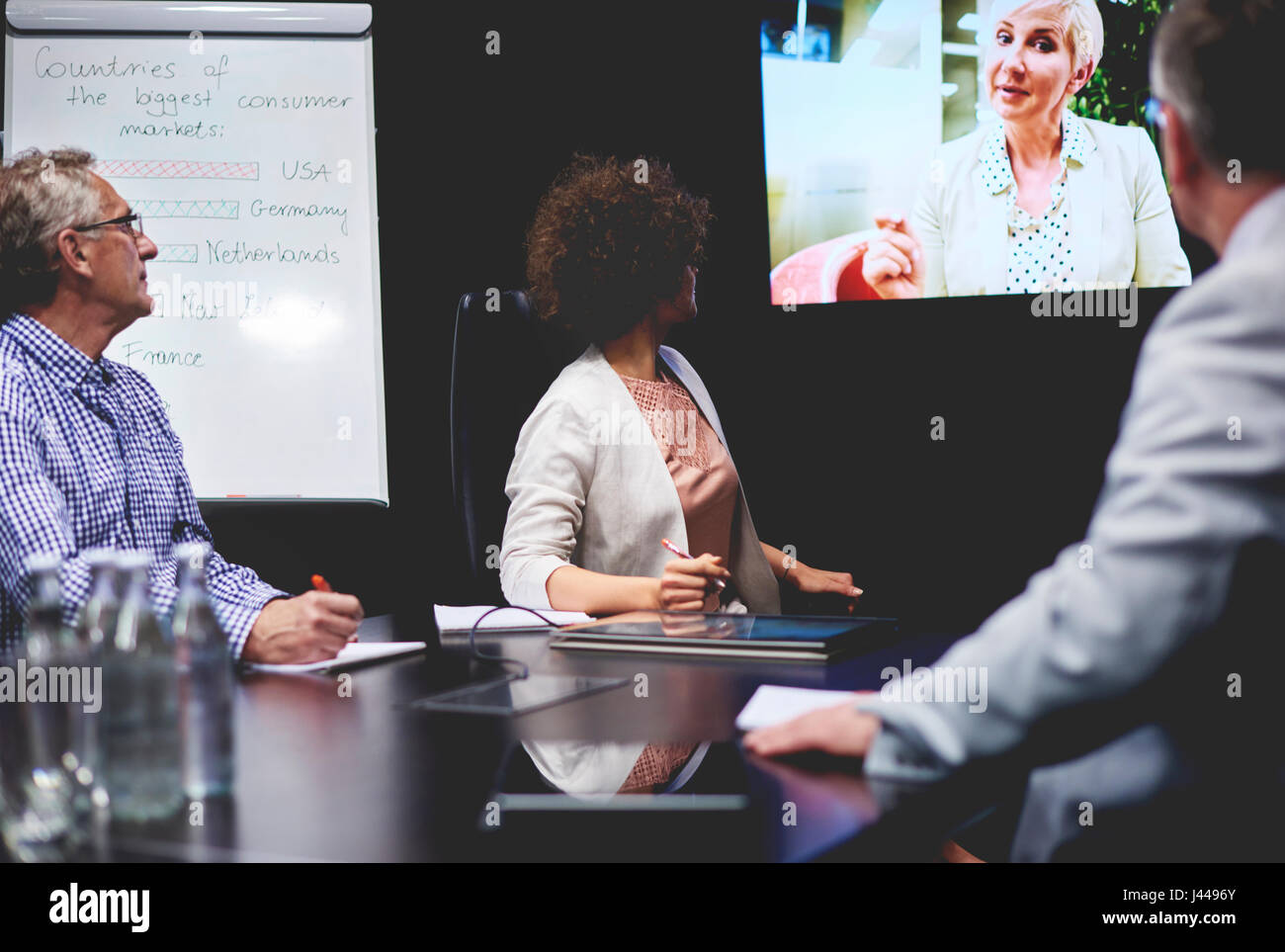 Business people communicating by television set Stock Photo