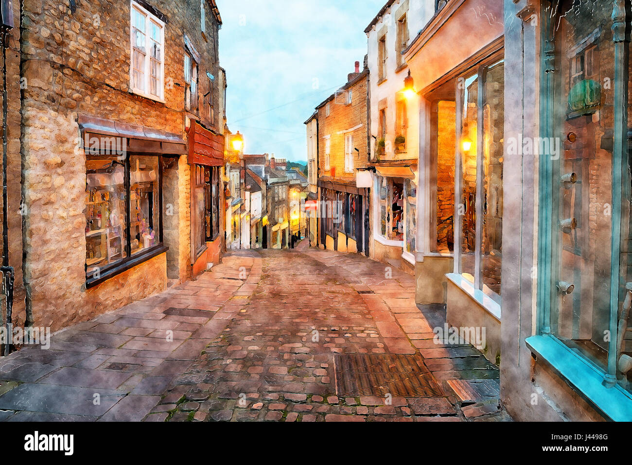 Watercolour painting of cobbled streets at Catherine Hill in Frome in Somerset Stock Photo