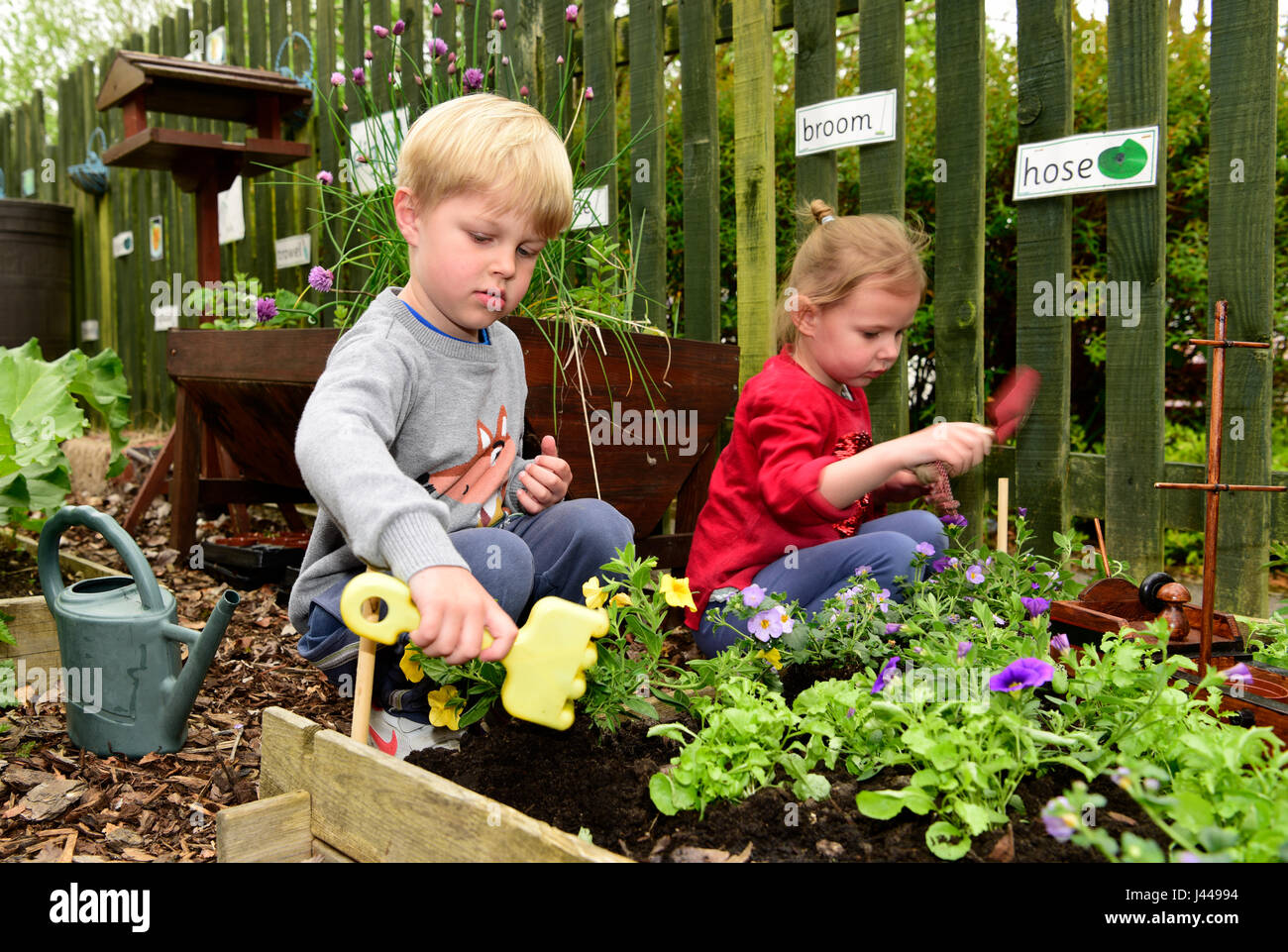 Nursery school kids (both 4 years) gardening, Haslemere, Surrey, UK. Stock Photo