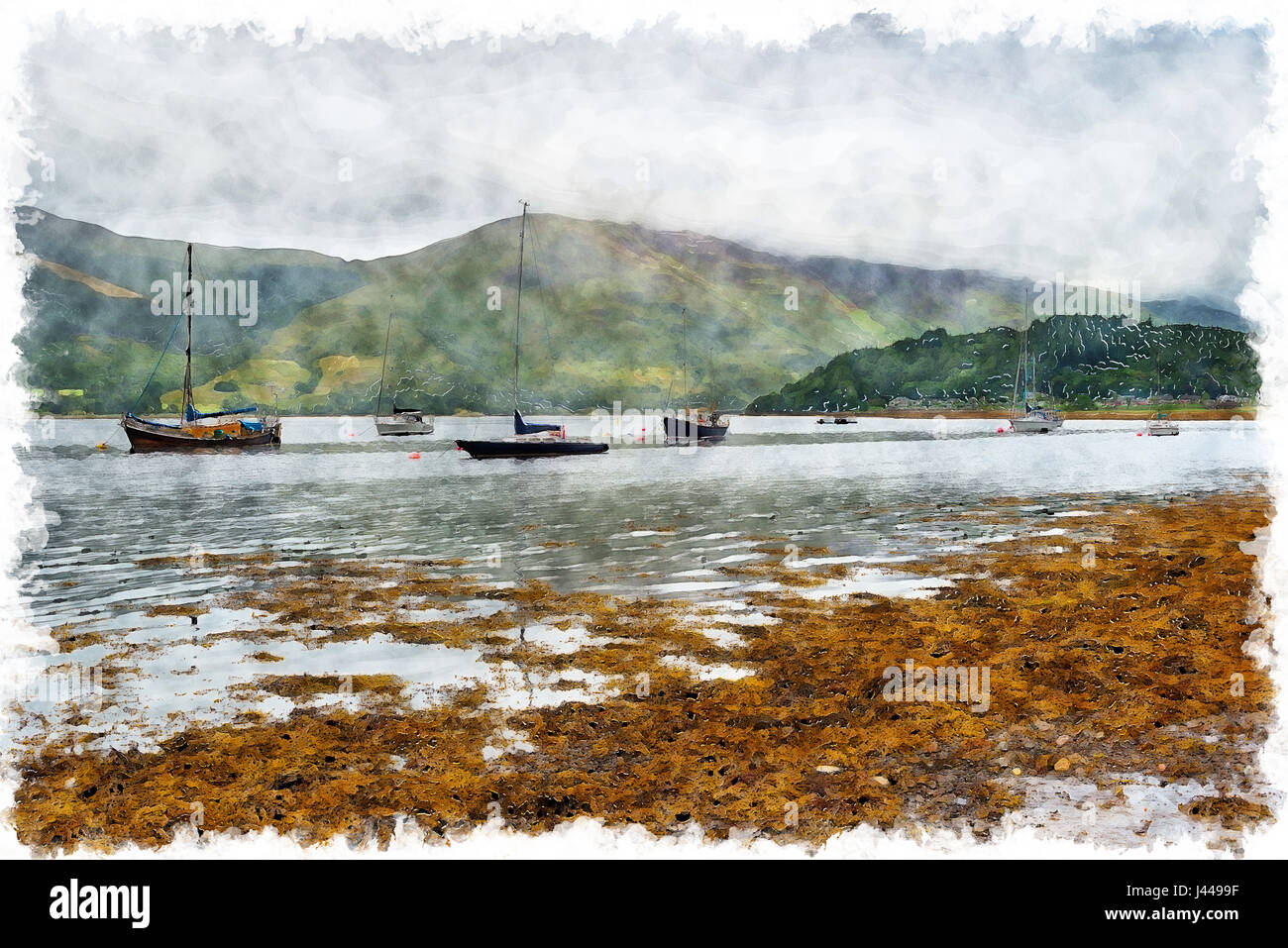 Watercolour painting of boats on Loch Leven at Glencoe in the highlands of Scotland Stock Photo
