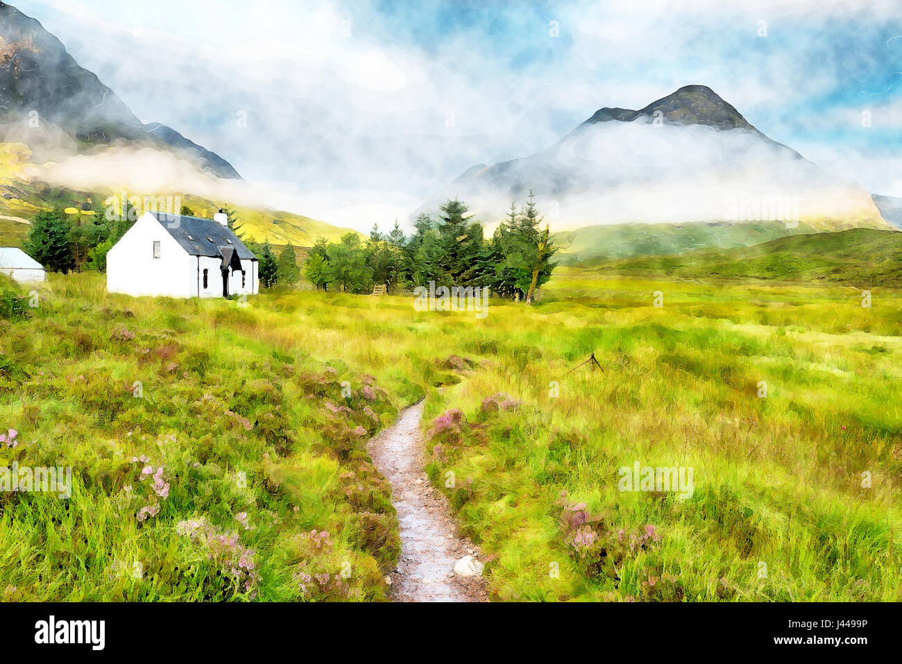 A watercolour painting of a remote mountain cottage at the foot of Glencoe in the Scottish Highlands Stock Photo