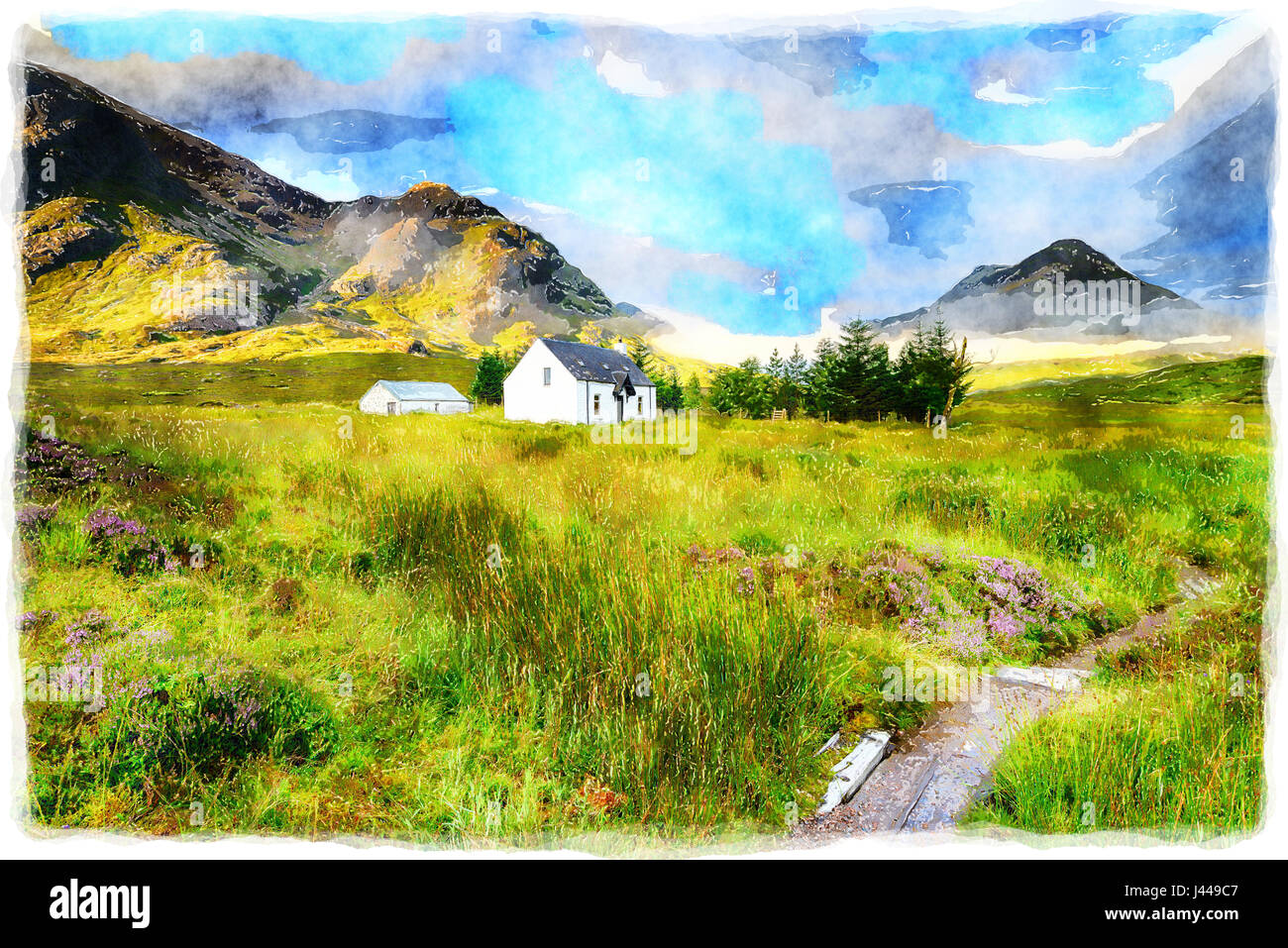 A watercolour painting of a picture postcard cottage at Glencoe in the Scottish Highlands Stock Photo