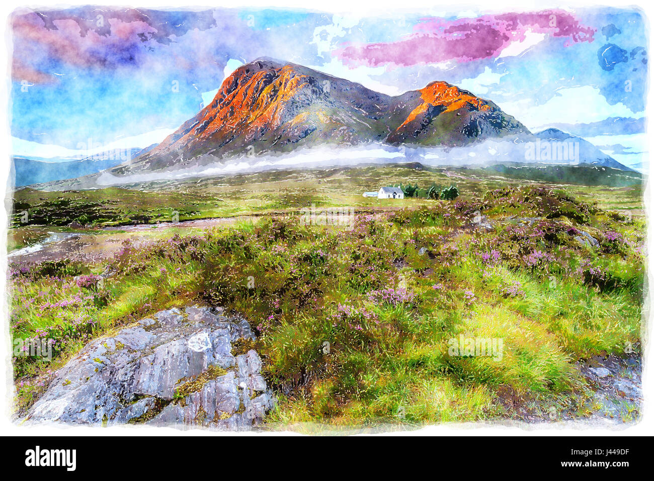 Watercolour painting of sunrise over the mountain tops at Glencoe in the highlands of Scotland Stock Photo
