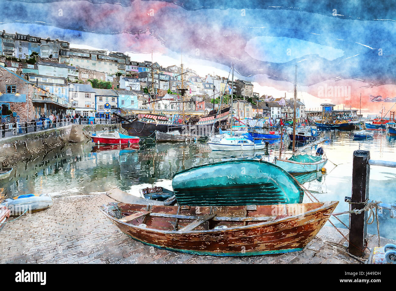 Watercolour painting of dusk at Brixham harbour an historic fishing ...