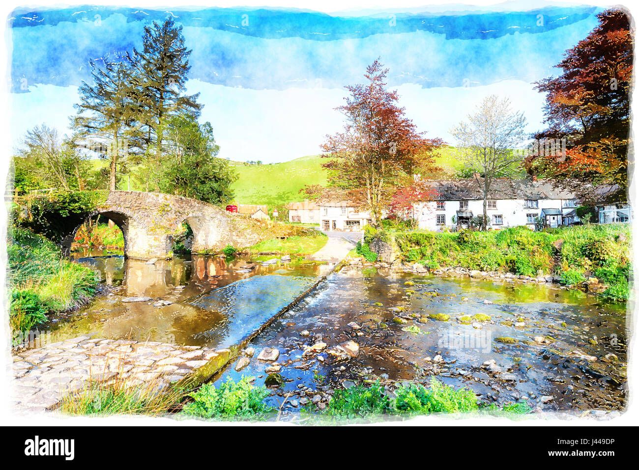 A watercolour painting of the bridge and ford at the picturesque hamlet of Malmsmead in the Doone Valley directly on the border between Somerset and D Stock Photo