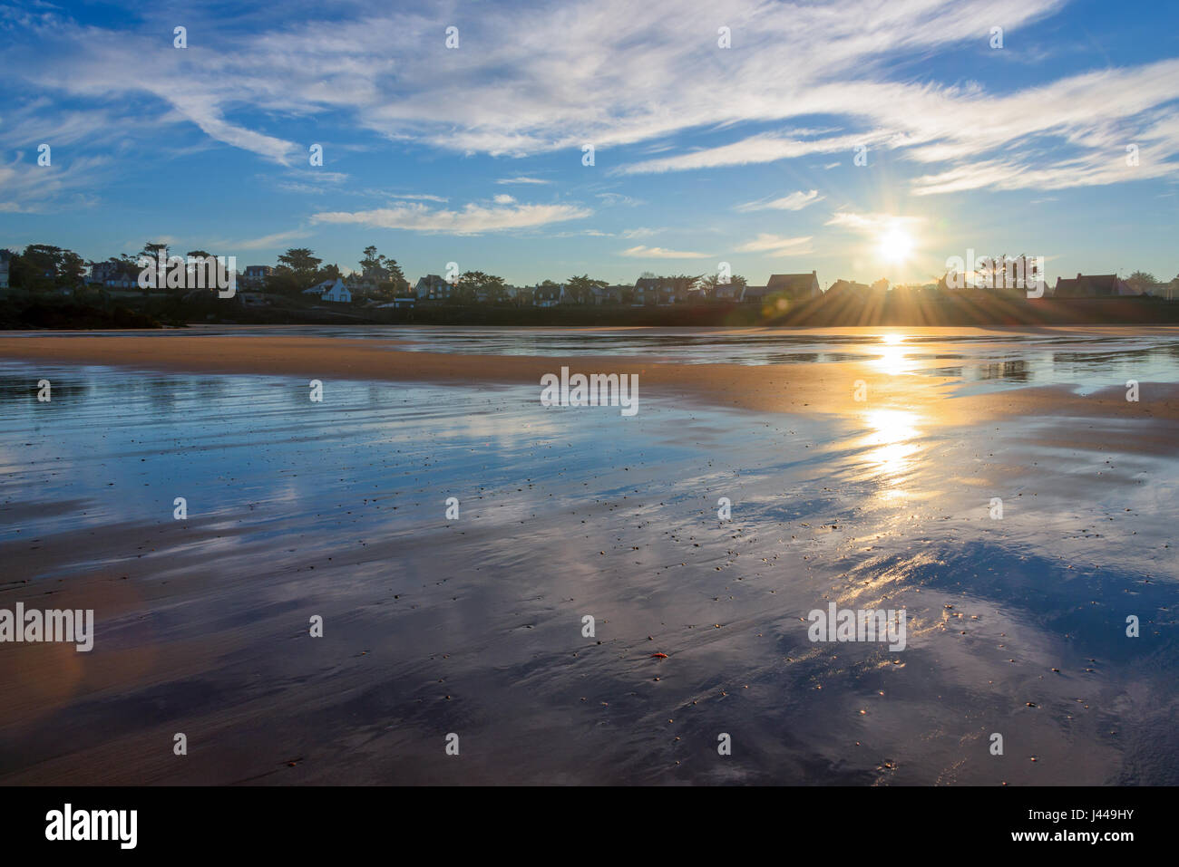 Beach of Saint Lunaire at low tide and sunrise, Brittany, France Stock ...