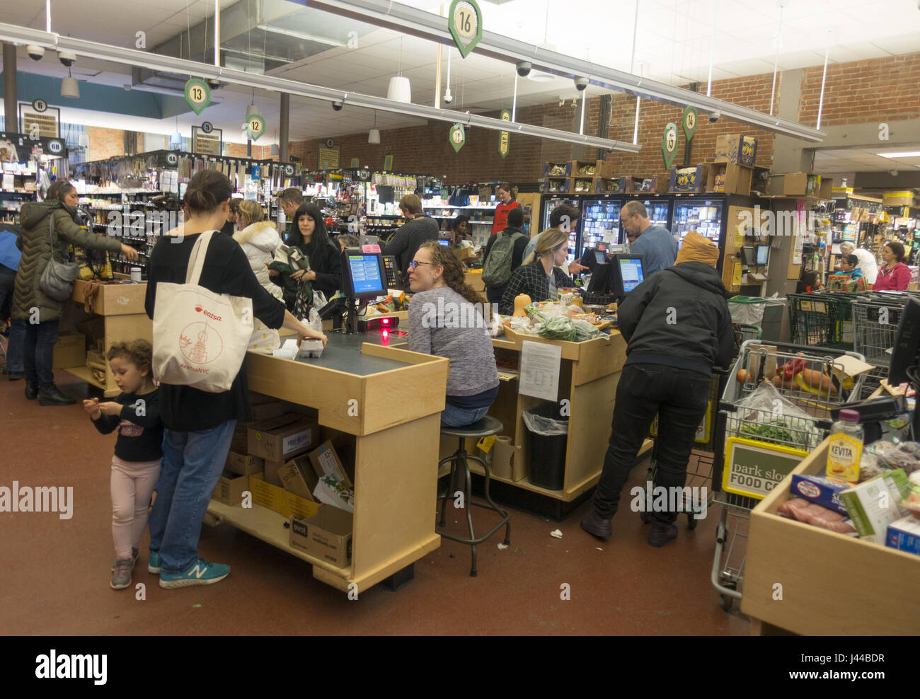 Checkout counters at the Park Slope Food Coop in Brooklyn, NY boasts