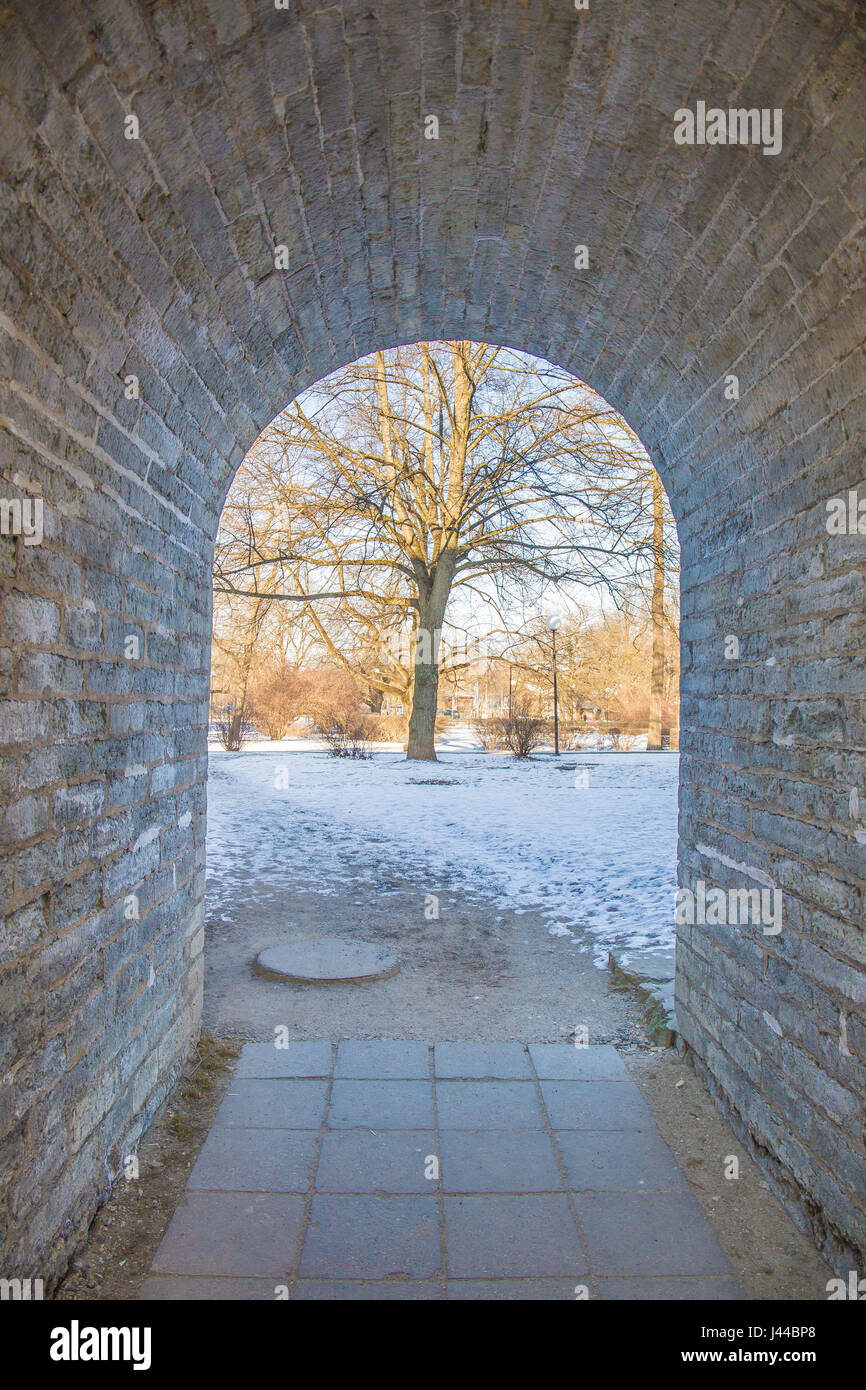 Perfect gobblestone corridor with gateway Stock Photo