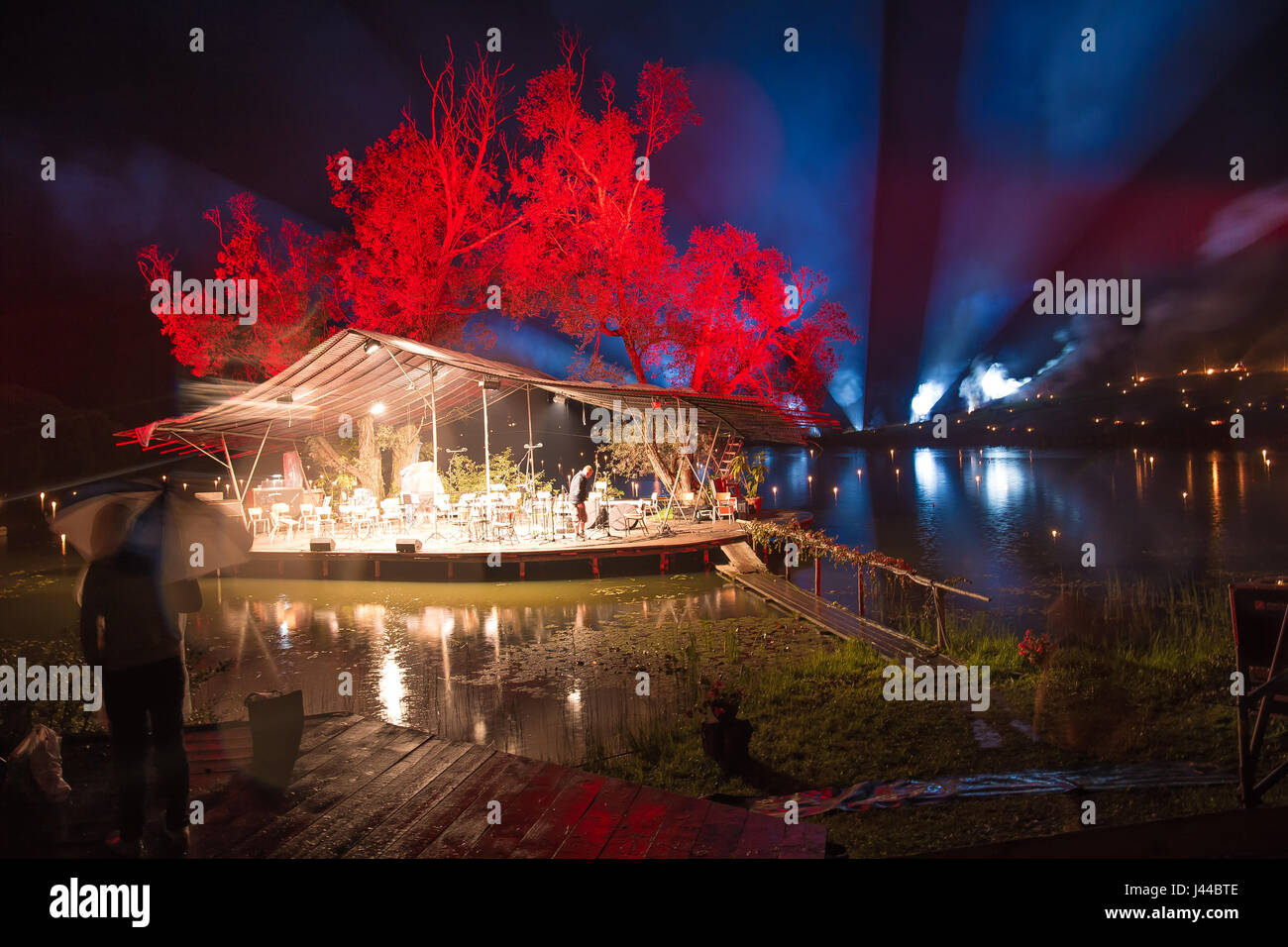 Floating Orchestra over water - Leigo Lake Music Festival Stock Photo