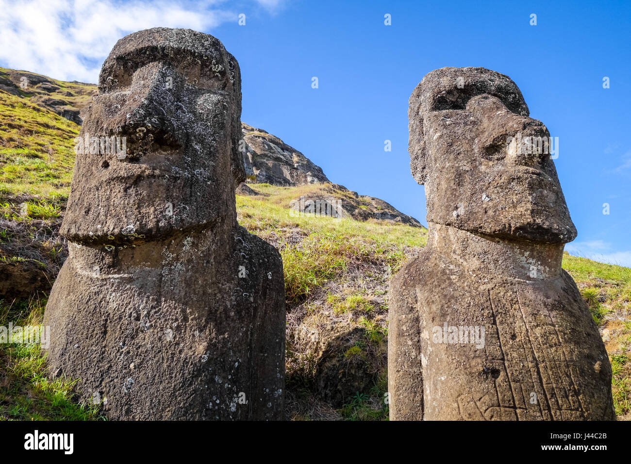 Moais statues on Rano Raraku volcano, easter island, Chile Stock Photo