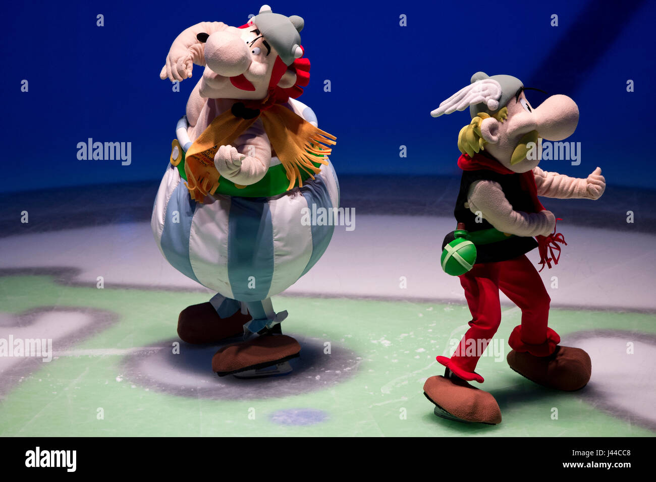 Mascot Obelix, left, and Asterix on ice prior to the Ice Hockey World Championships match Czech Republic vs Finland, in Paris, France, on May 8, 2017. Stock Photo