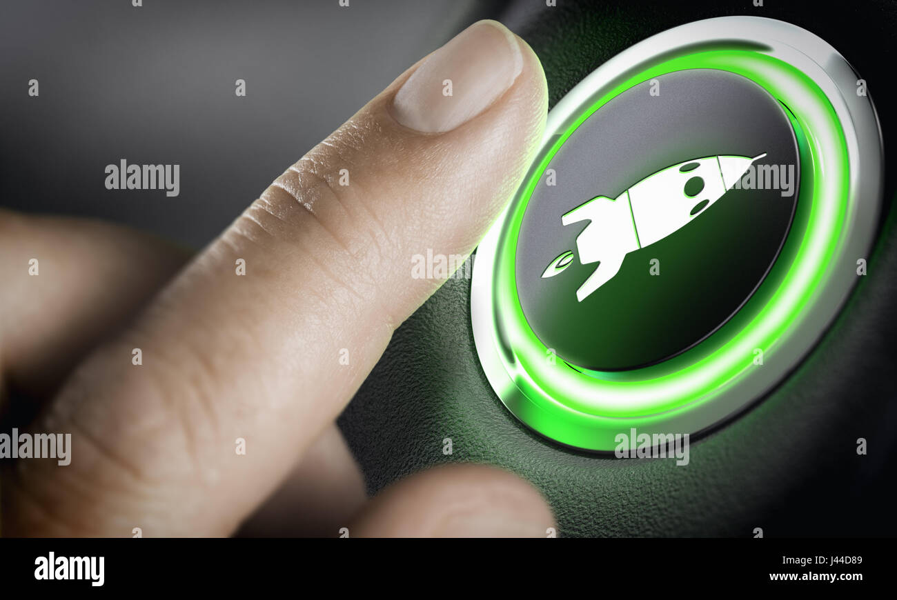 Man finger pressing an boost button with a rocket icon, black background and green light. Composite between a photography and a 3D background. Start-u Stock Photo